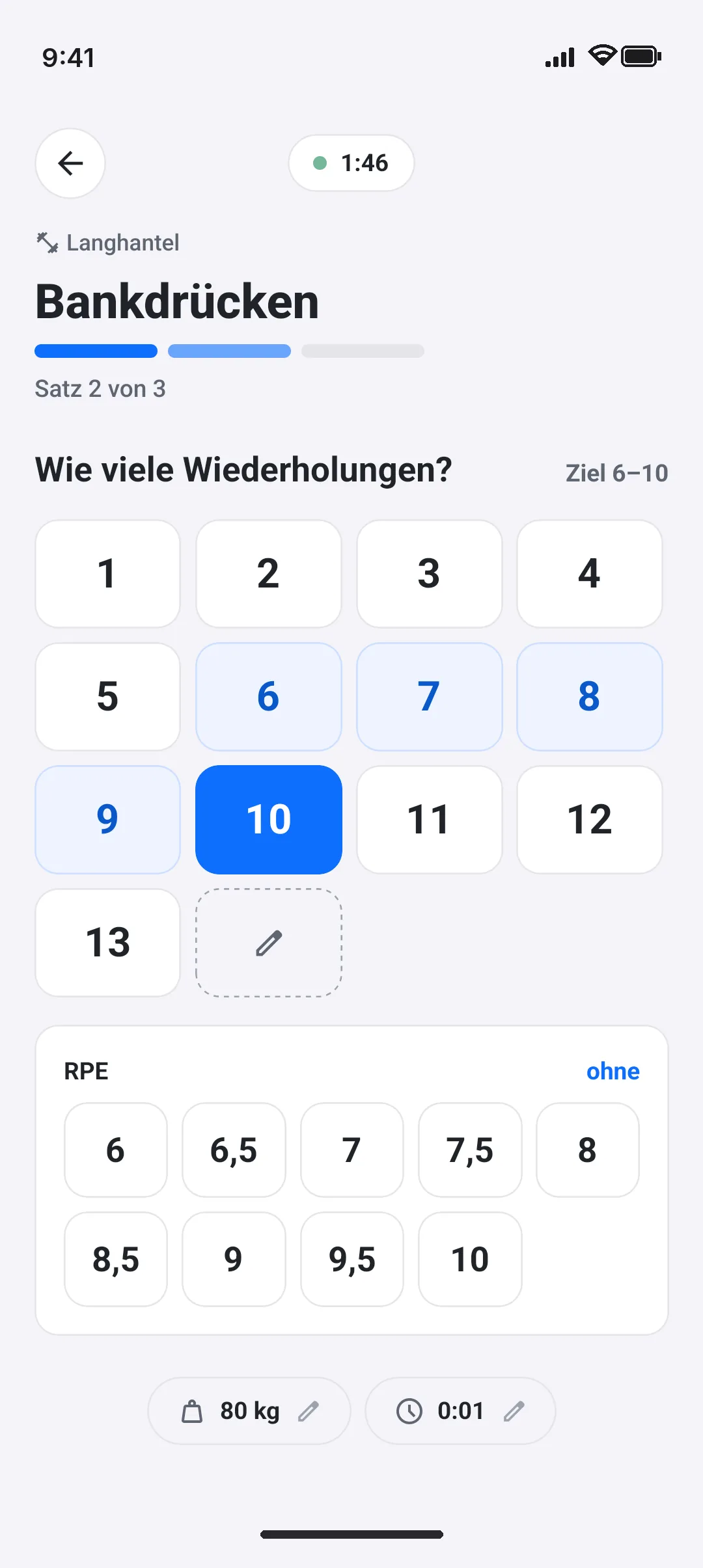 Musclytics-App: Satz eintragen mit RPE-Auswahl von 6 bis 10 in halben Schritten